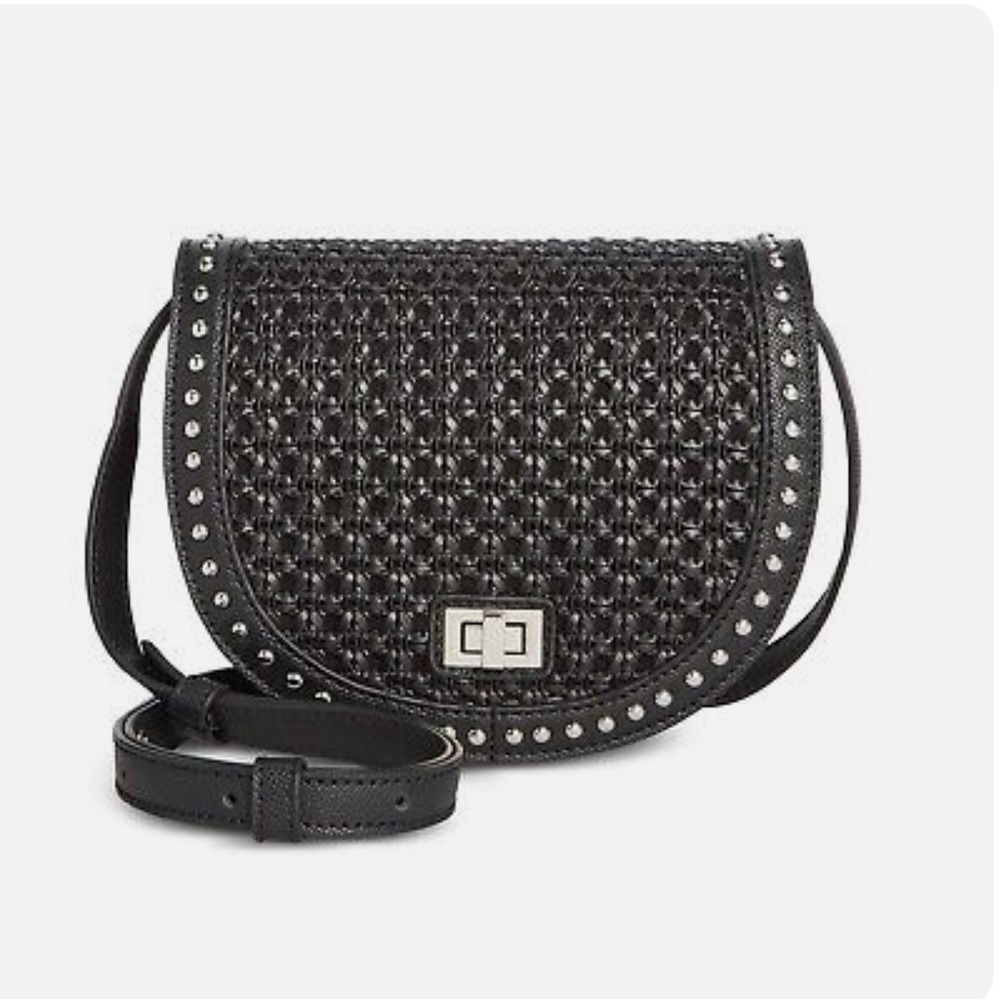 STEVE MADDEN Merrit Black Crossbody Curved Woven Studded Handbag